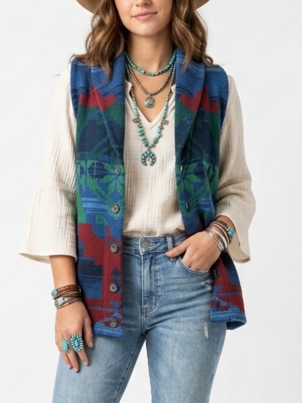 Vintage Aztec Vest M Chaps Denim Southwestern Knit Sweater Shawl Collar Cotton